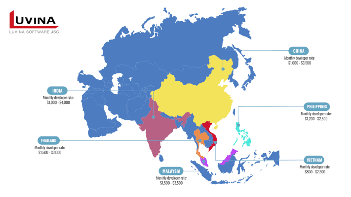 World Map Software Development Outsourcing Countries in Asia